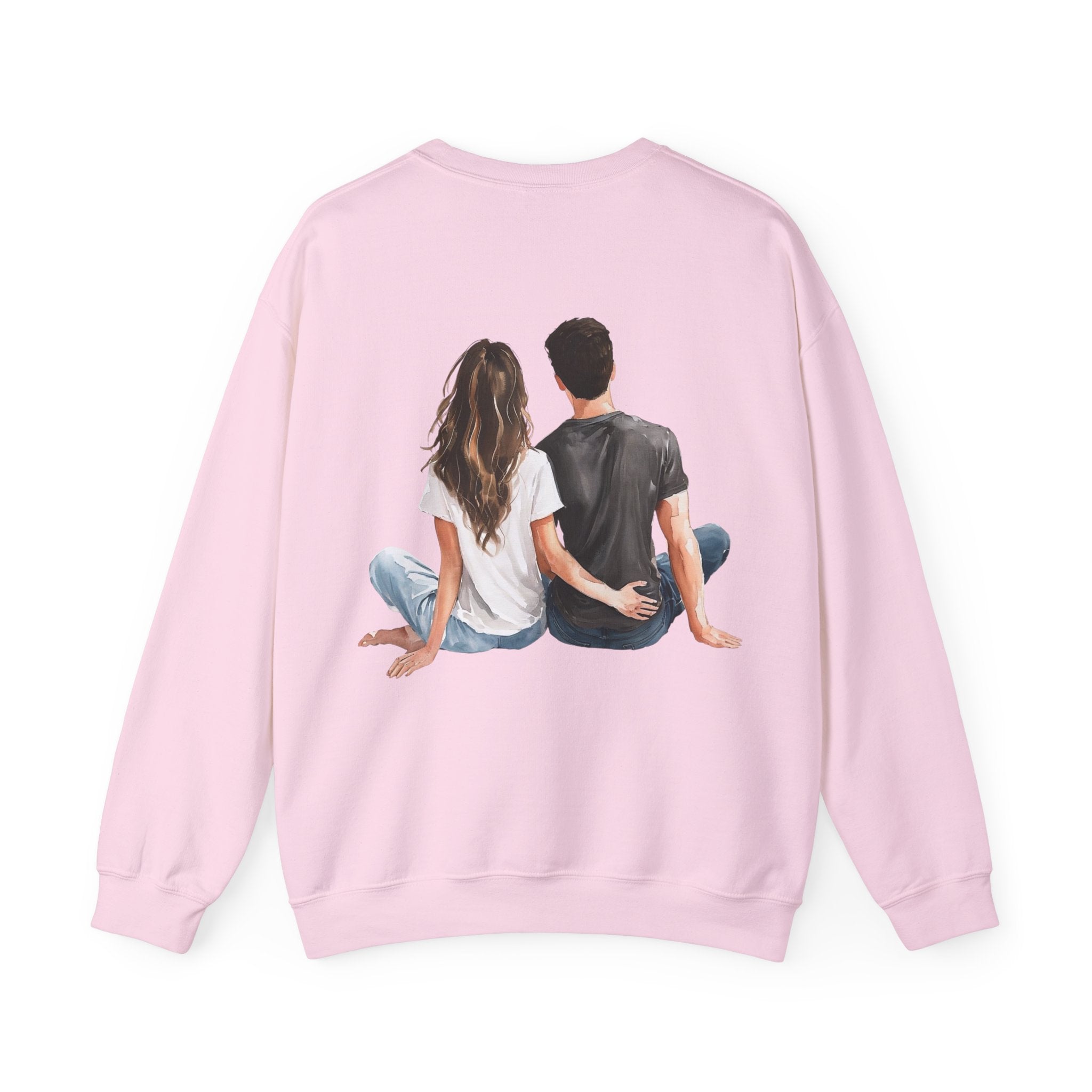 Light pink crewneck sweatshirt, front view, couple graphic at center