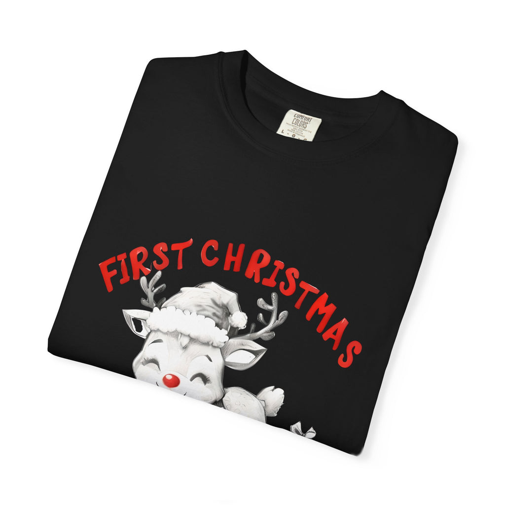 Black T-shirt close-up showing “First Christmas” reindeer and “MUMMA” graphic