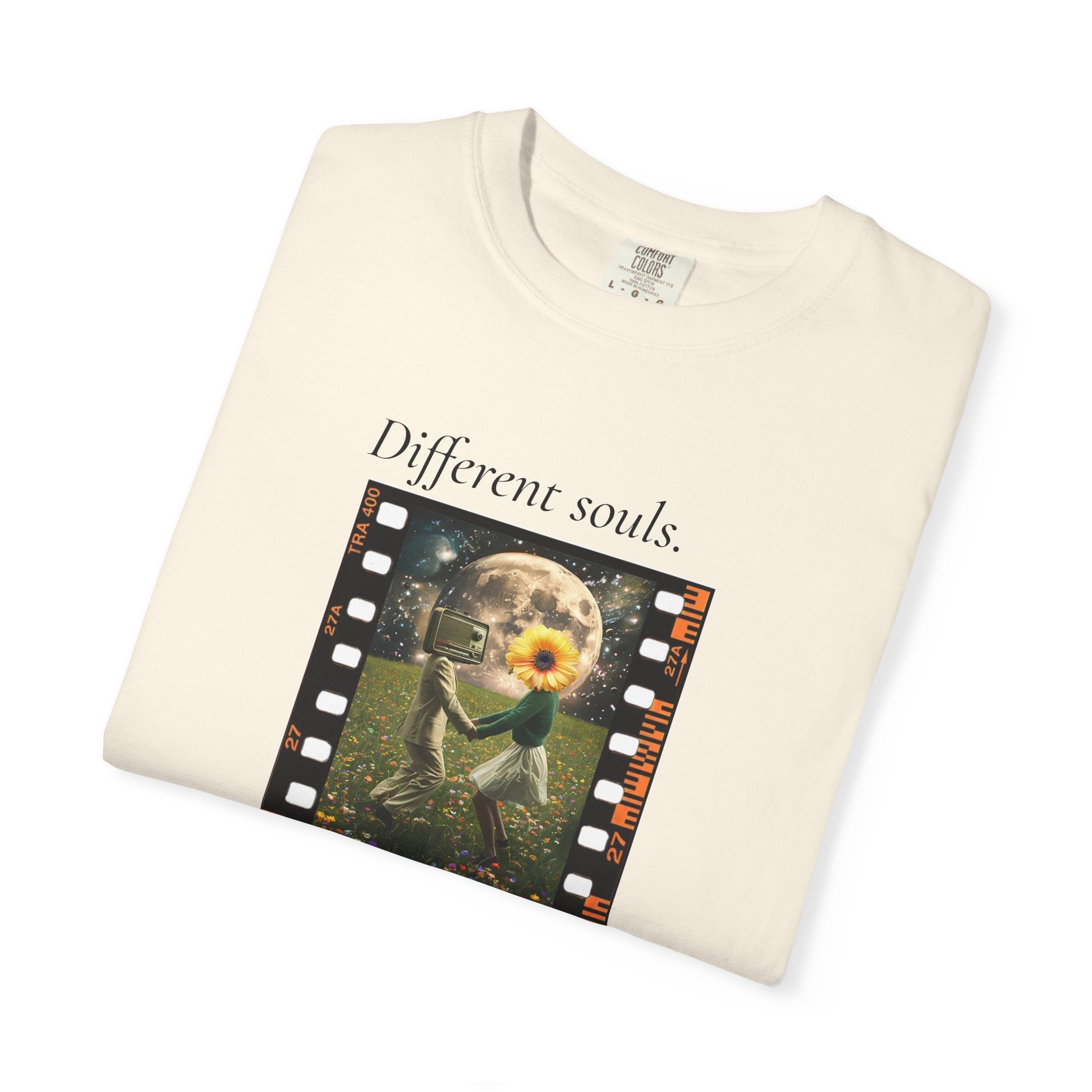 Cream crew-neck tee with 'Different souls' filmstrip graphic print
