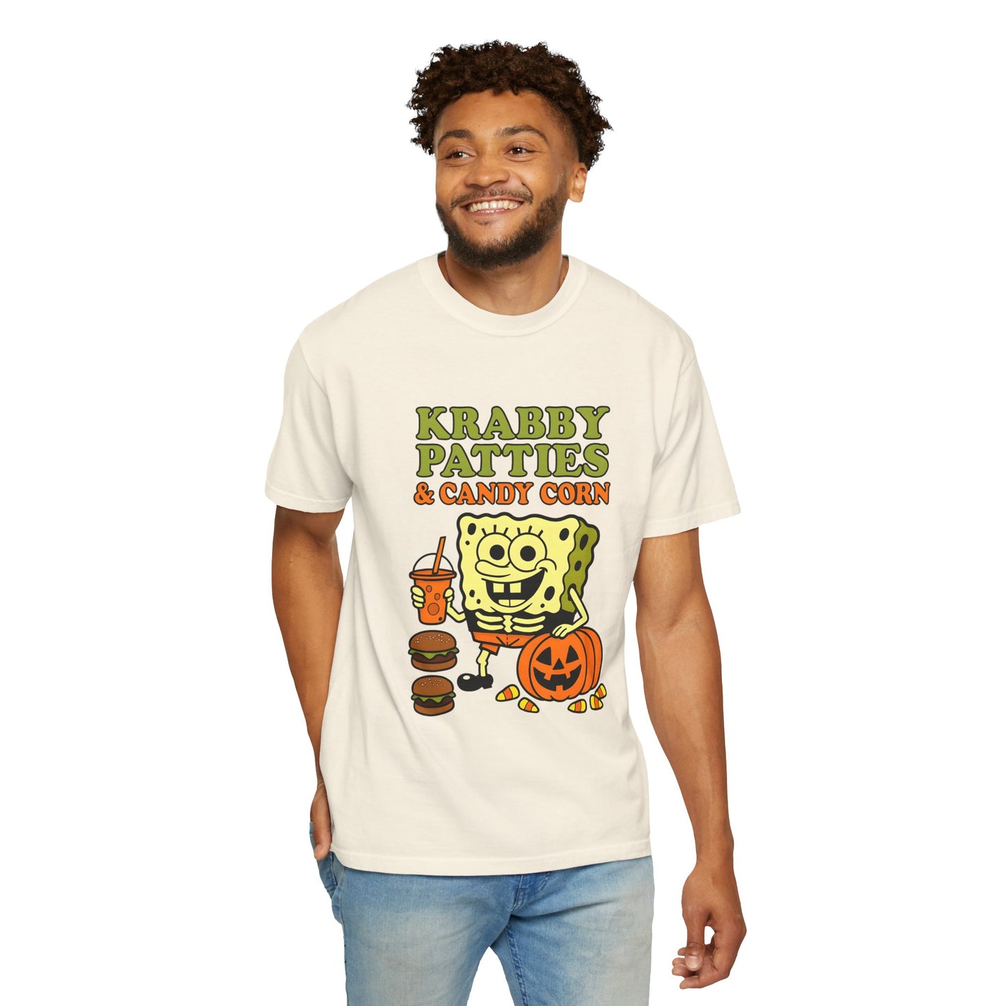 Krabby Patties & Candy Corn T-Shirt, Fun Halloween Tee, Unisex Graphic Shirt, Cute Gift for Halloween, Spooky Season Apparel
