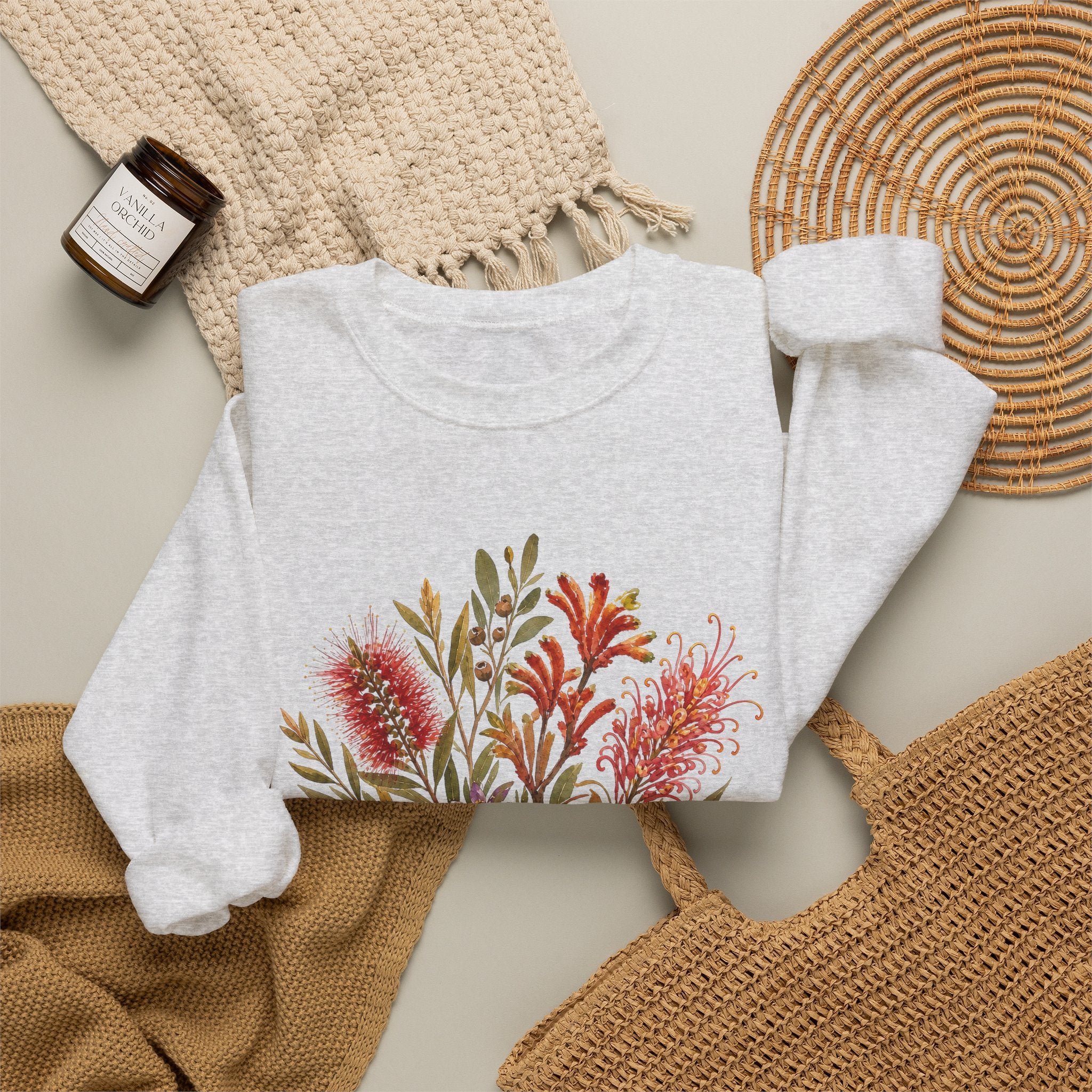 Floral bouquet sweatshirt, heather light grey crewneck with bouquet graphic on front