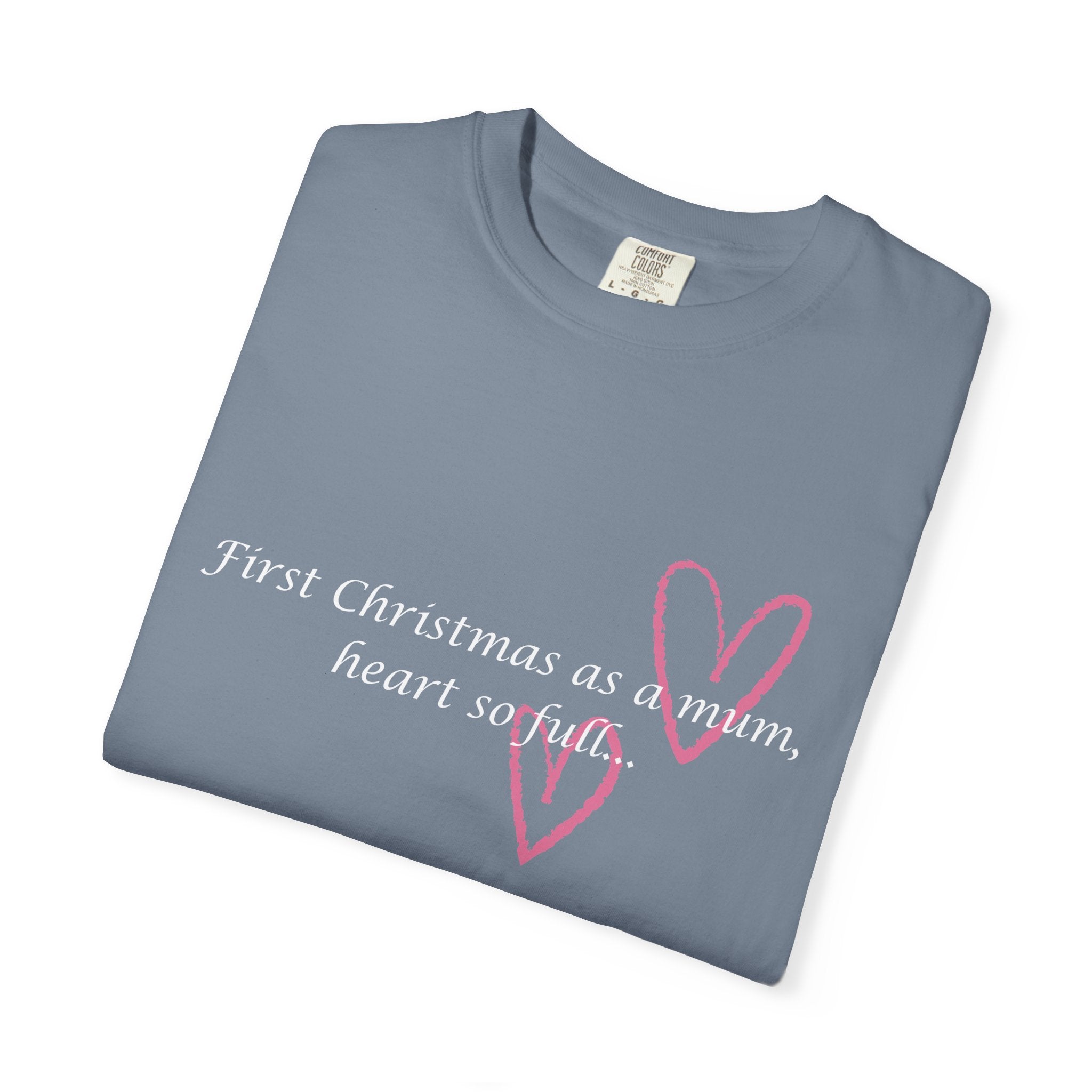 Slate blue heart slogan T-shirt, folded view, with pink heart and script text on front.