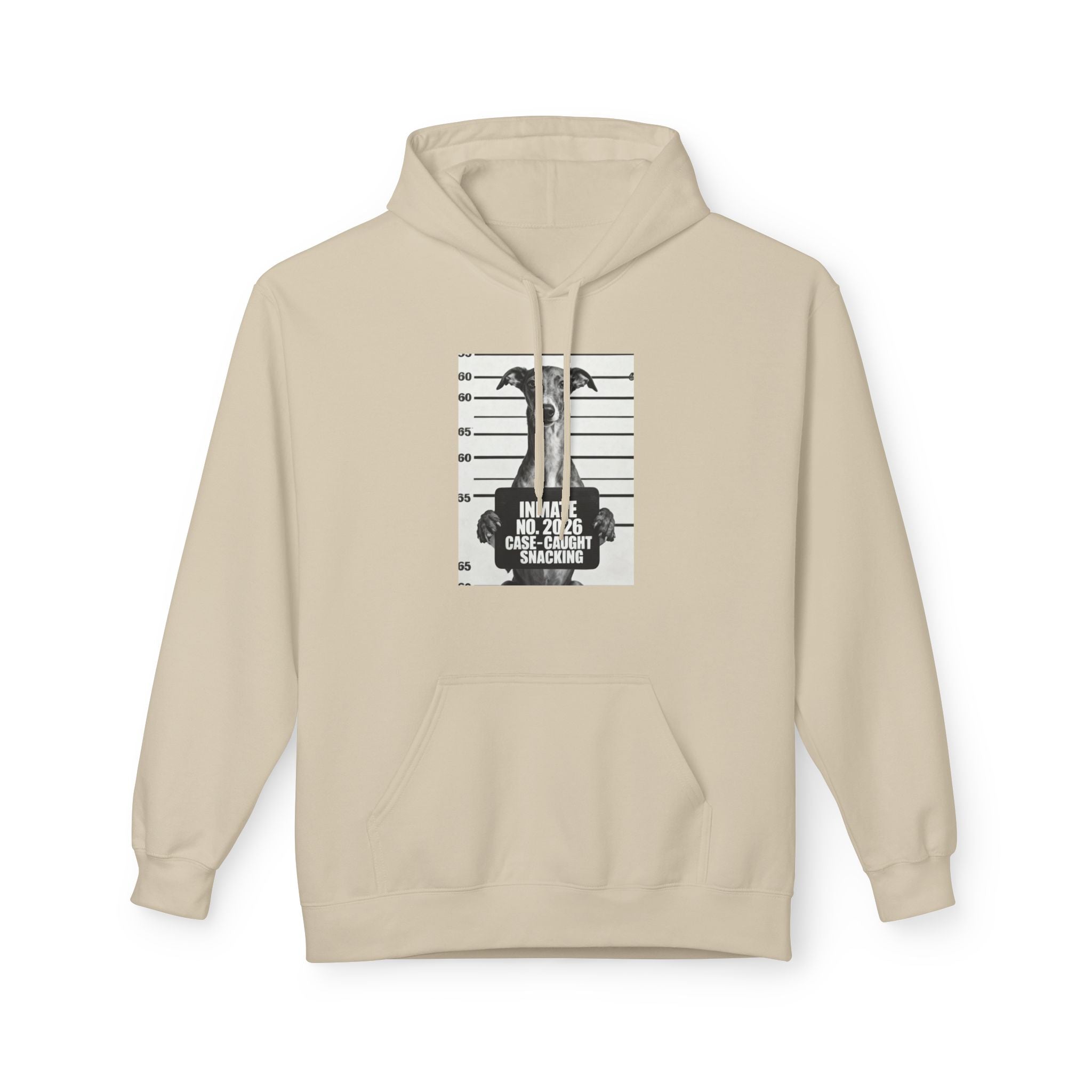 Light tan pullover hoodie with kangaroo pocket and front dog mugshot graphic