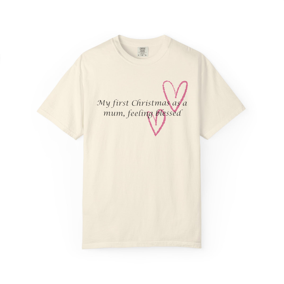 Ivory Christmas mum T-shirt with pink heart graphic and 'My first Christmas as a mum' text
