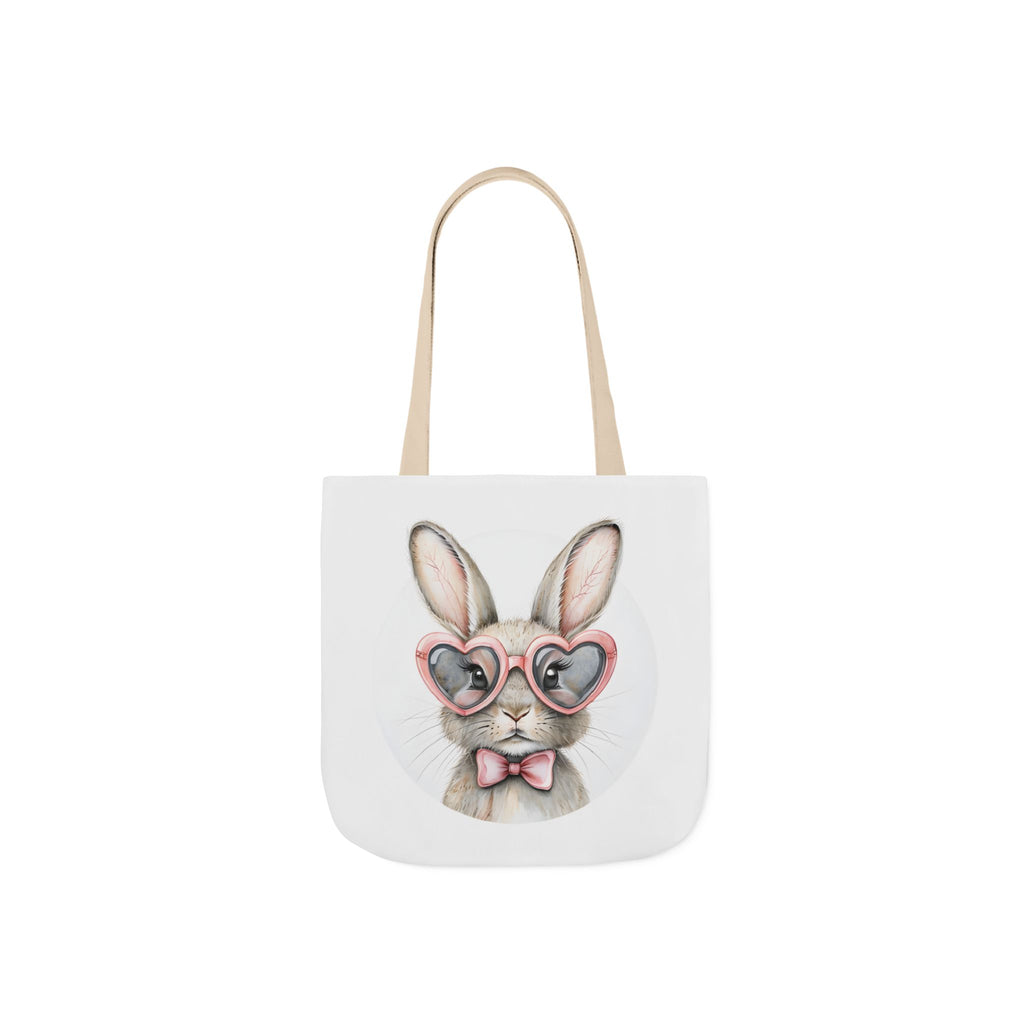 Beige-strap canvas tote bag with bunny face graphic on white front panel