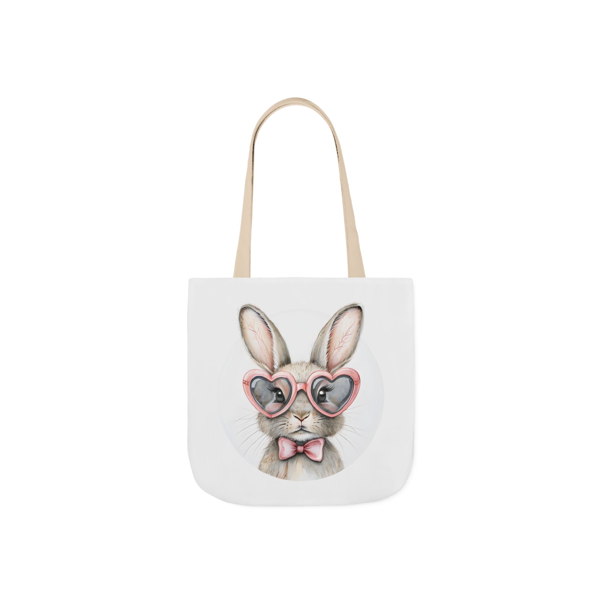 Beige-strap canvas tote bag with bunny face graphic on white front panel