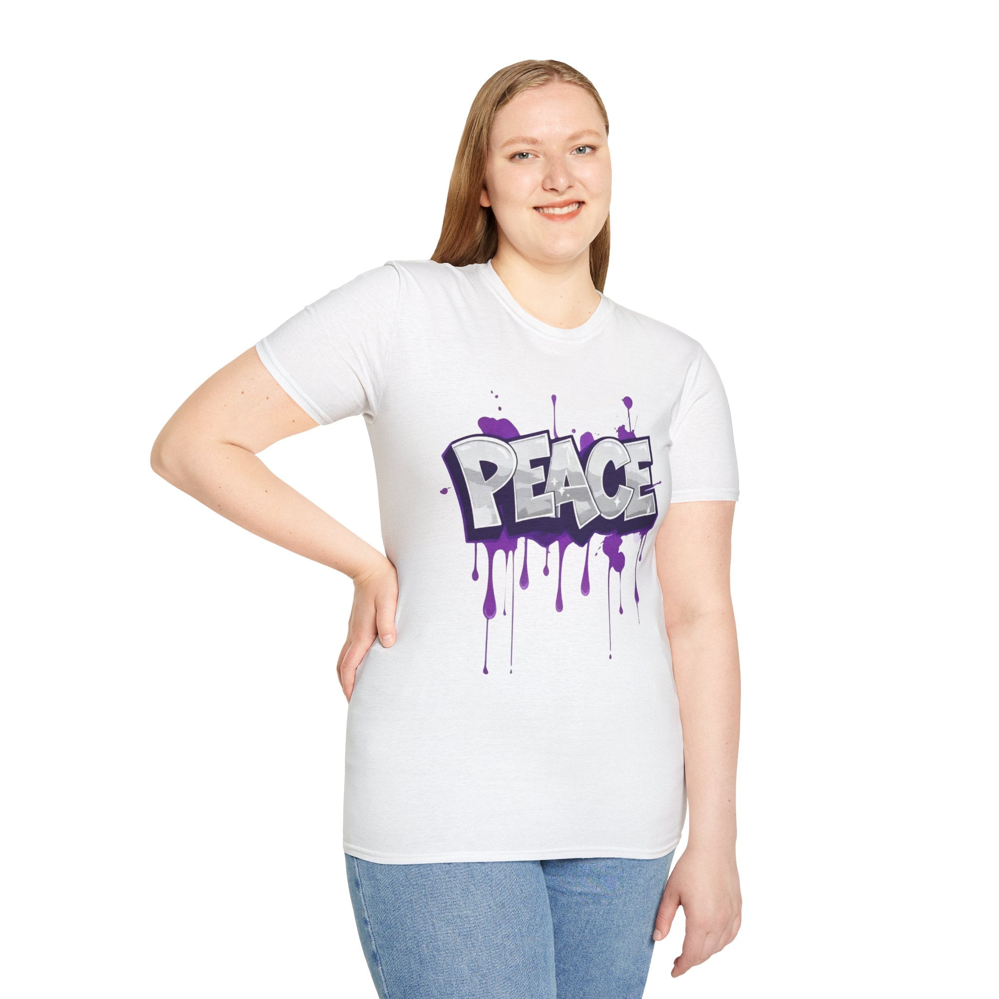 White ladies crewneck t-shirt with purple PEACE paint-drip graphic, short sleeves