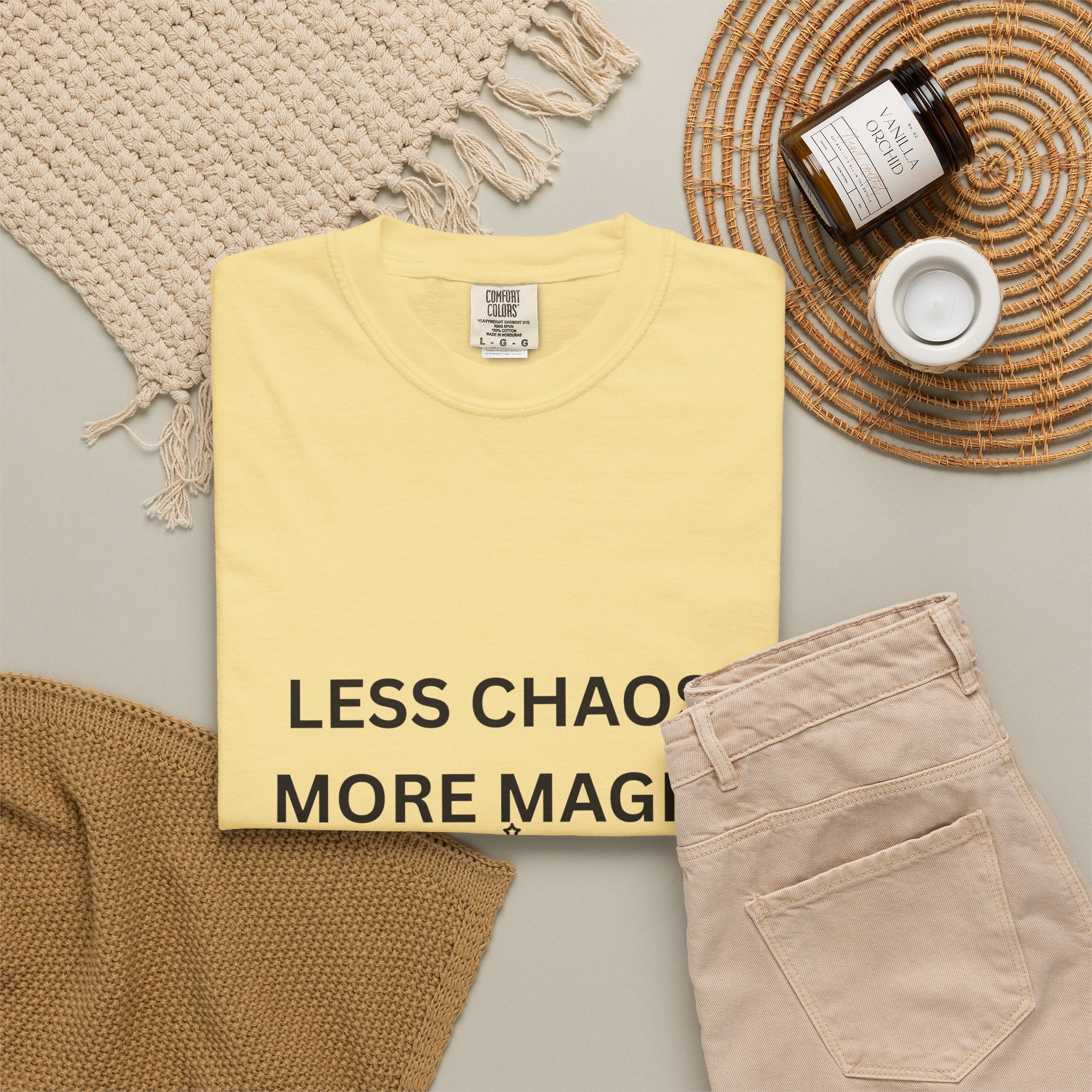 Less Chaos, More Magic T-Shirt — Crescent Moon + Stars Graphic Tee