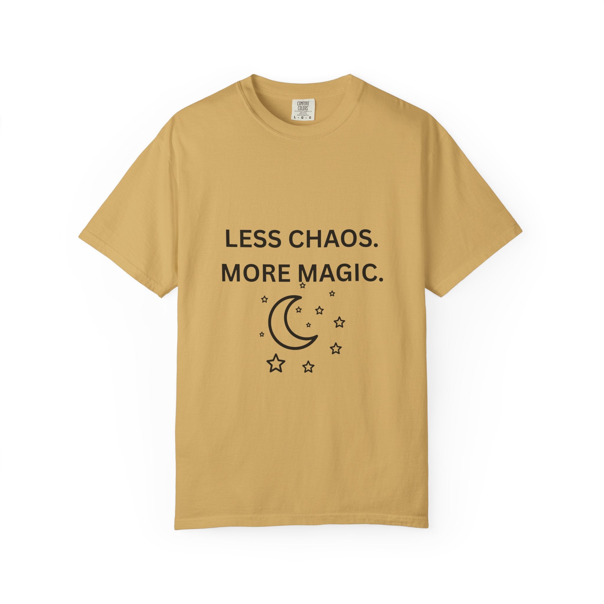 Mustard graphic t-shirt with 'LESS CHAOS. MORE MAGIC.' and crescent moon stars print