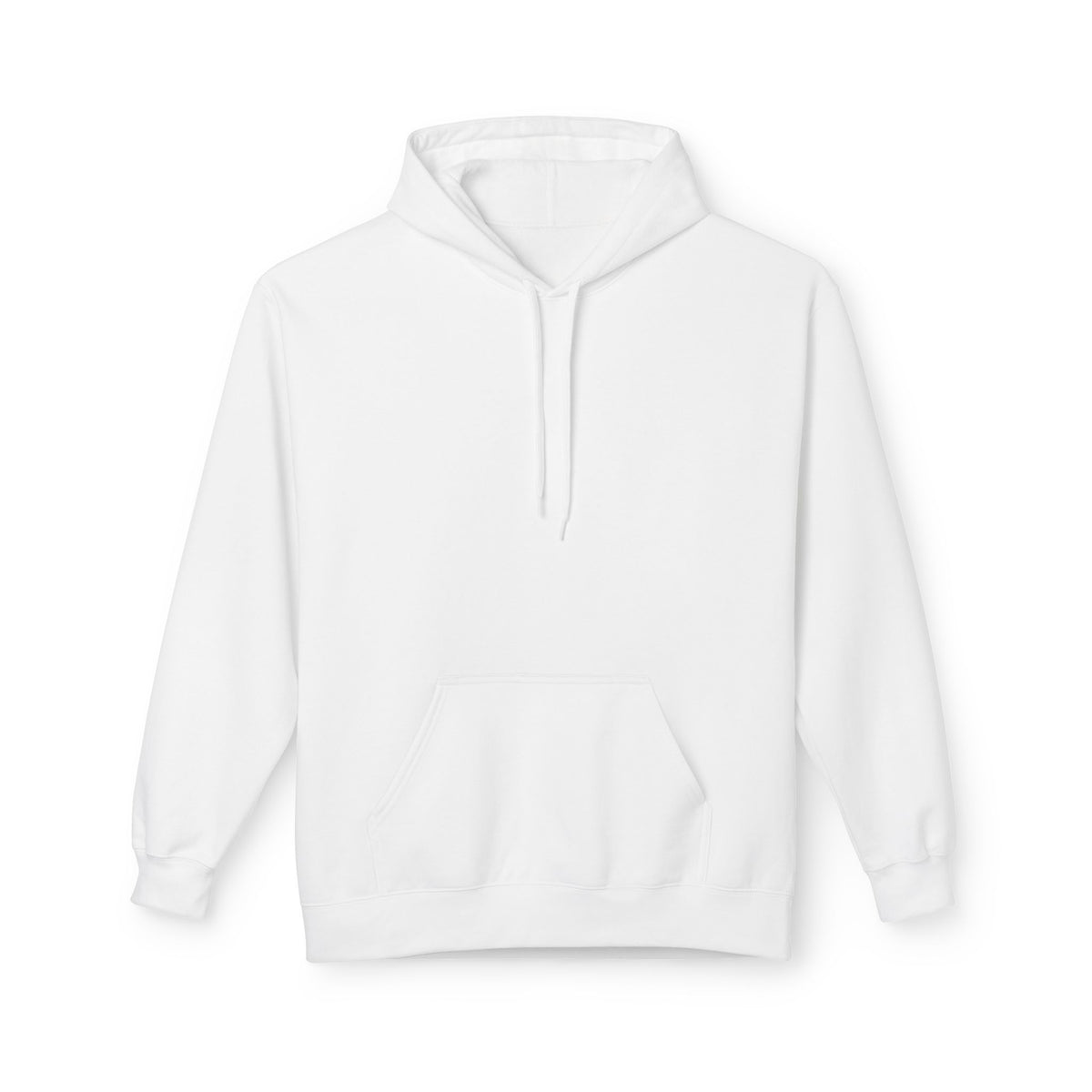 White pullover hoodie with drawstring hood and front pouch pocket