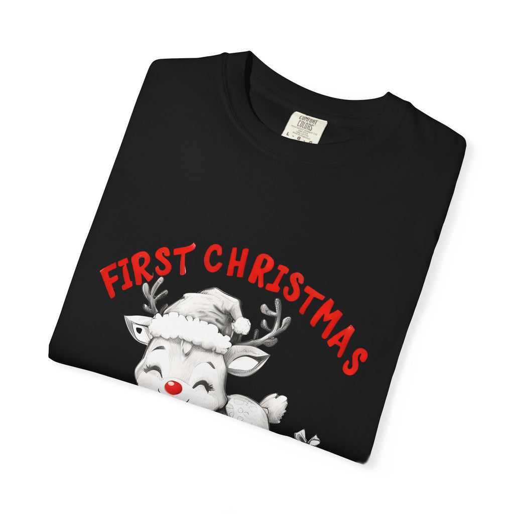 Black T-shirt with red “First Christmas” text and reindeer graphic