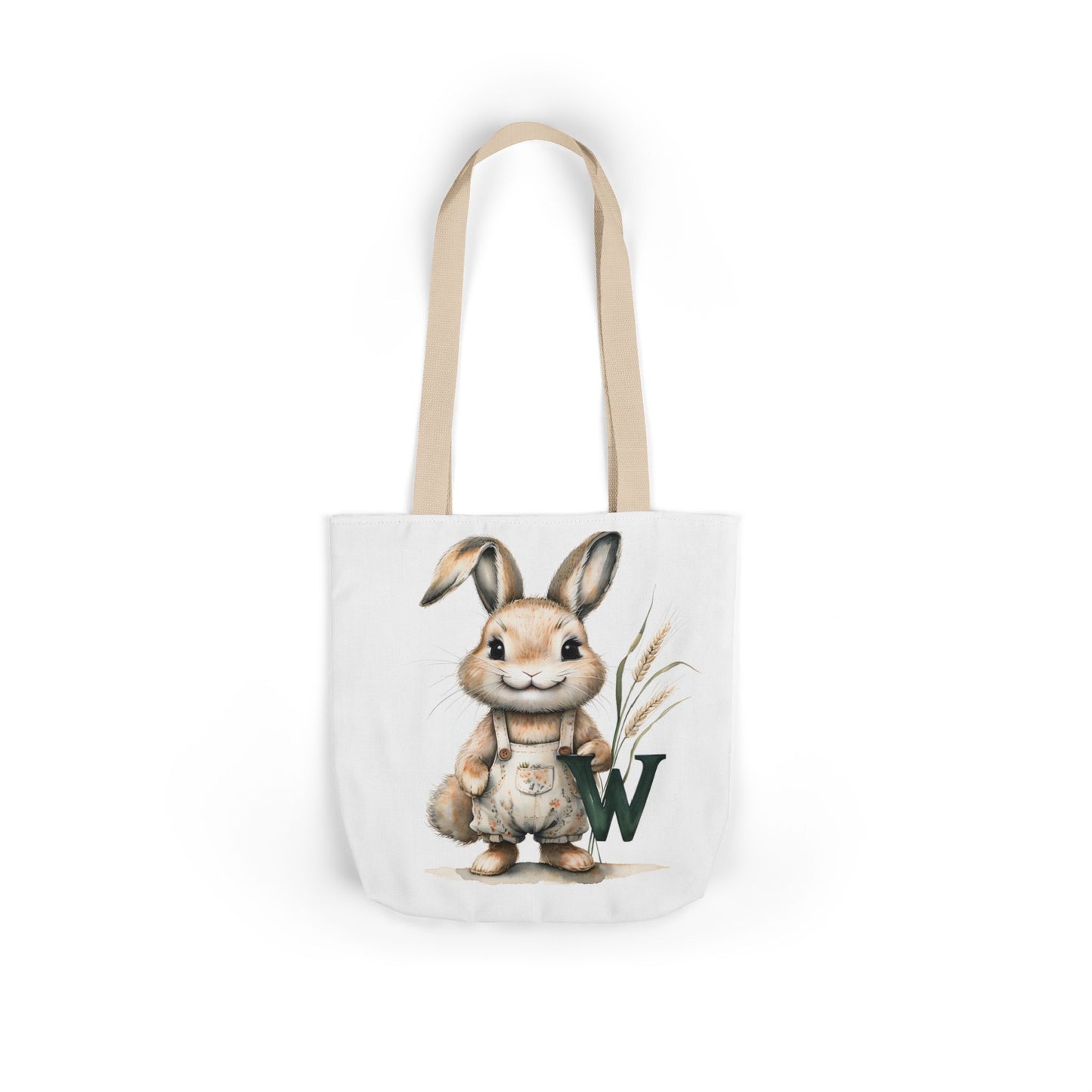 Whimsical Letter W Bunny Canvas Tote Bag with 5-Color Straps, Cute Farm Animal Bag, Eco-Friendly Shopping Tote, Easter Gift, Kids/Adult Tote
