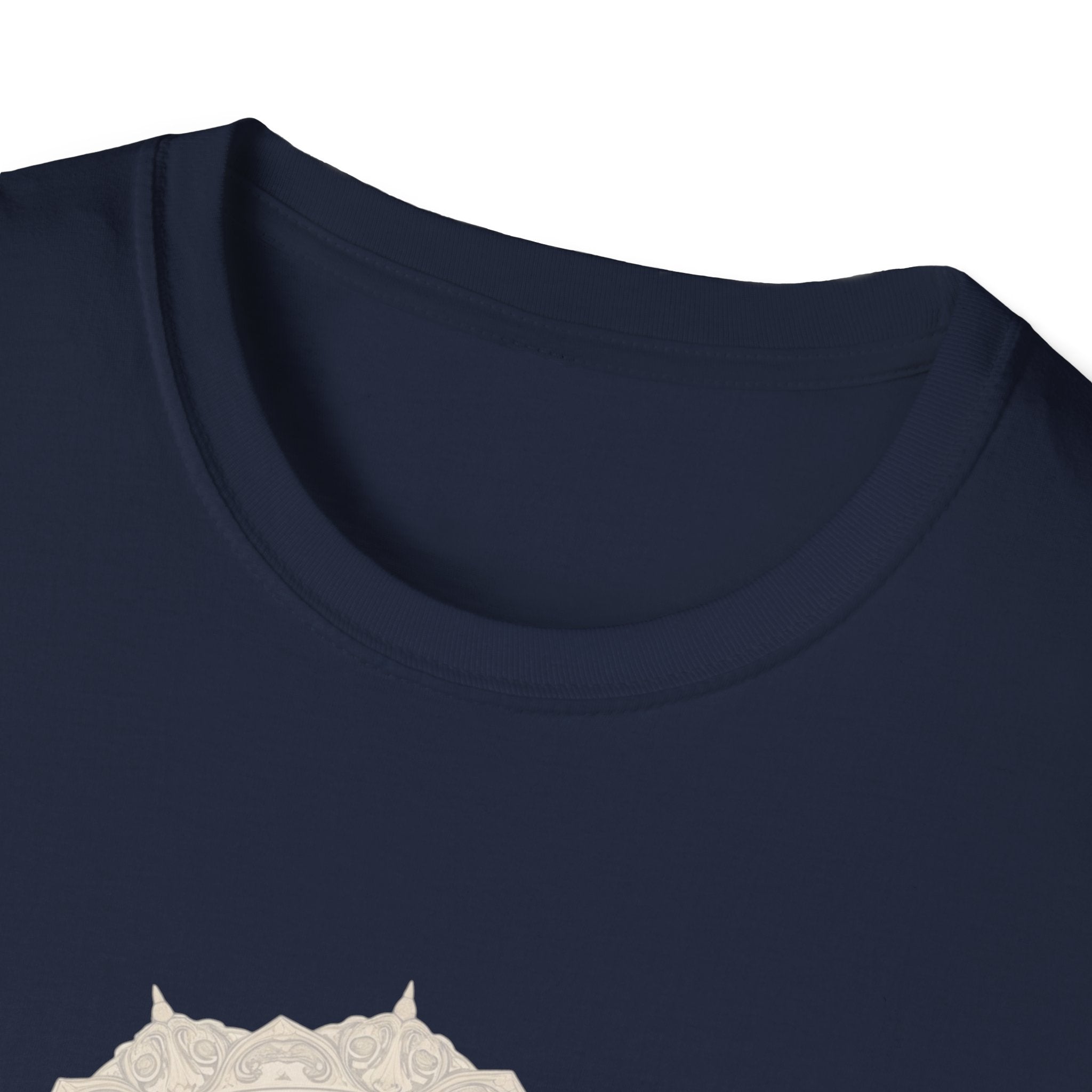 Navy crew-neck T-shirt close-up of neck and partial front clock graphic print