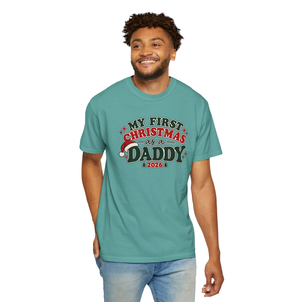Seafoam green t-shirt worn by male model with 'My First Christmas as a Daddy 2026'