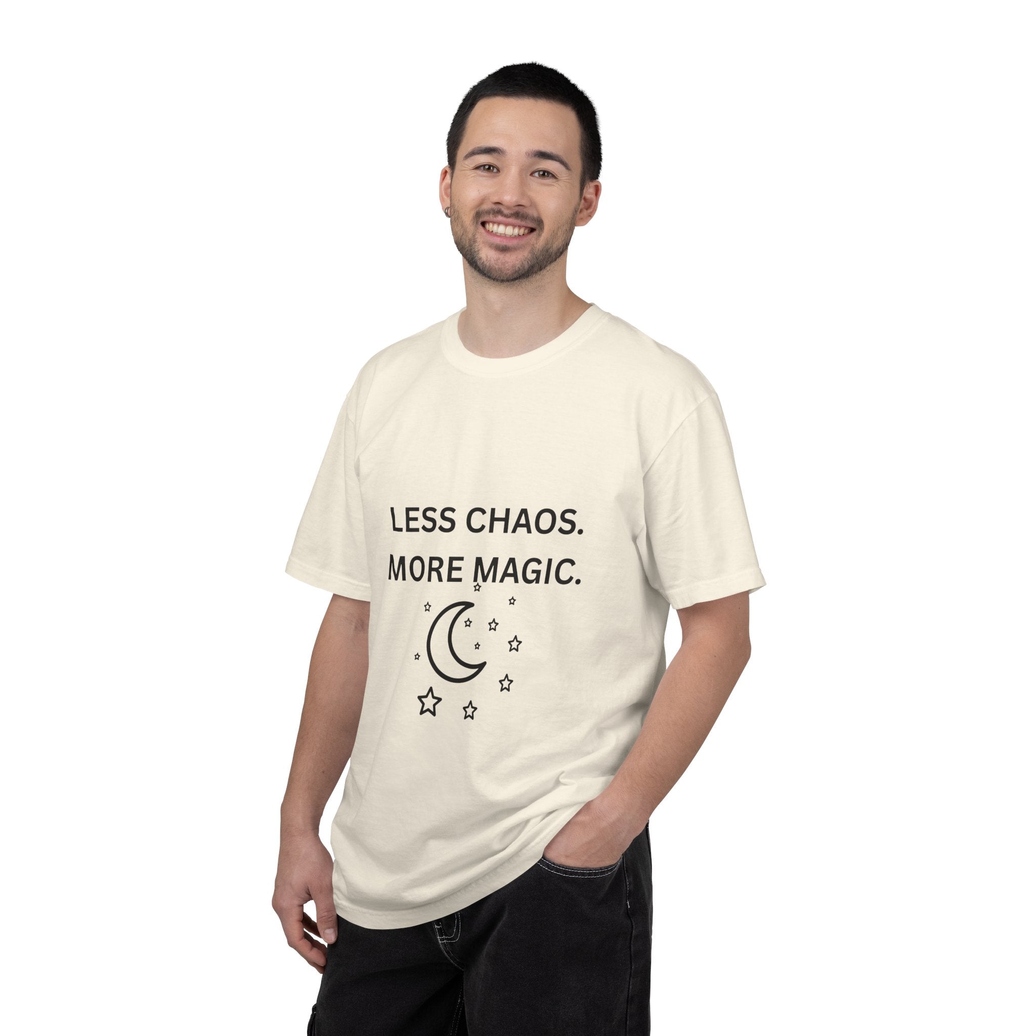 Less Chaos, More Magic T-Shirt — Crescent Moon + Stars Graphic Tee