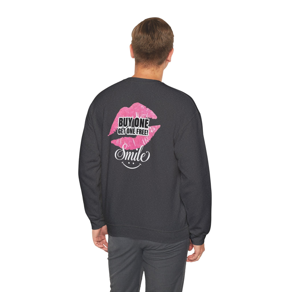 Dark gray crewneck sweatshirt worn, pink "Buy One Get One Free" Smile back graphic