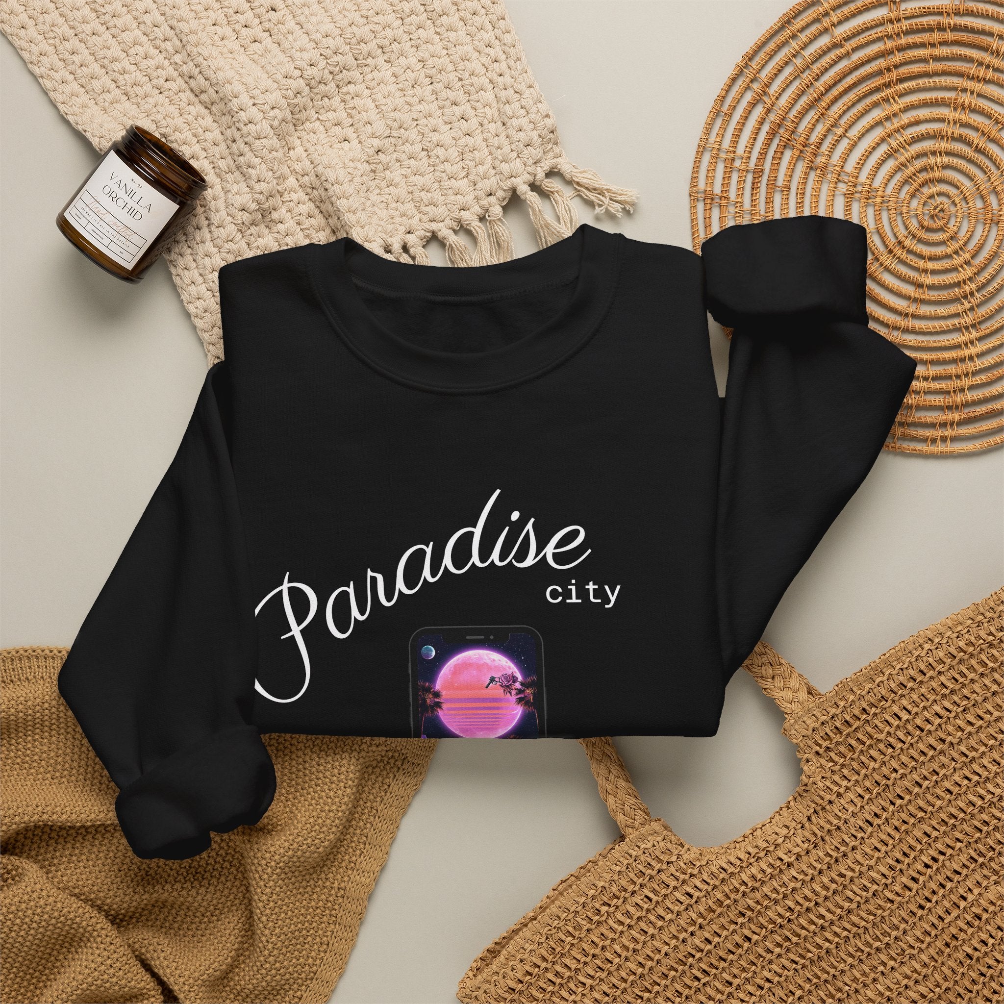 Black crewneck sweatshirt front with “Paradise city” phone graphic