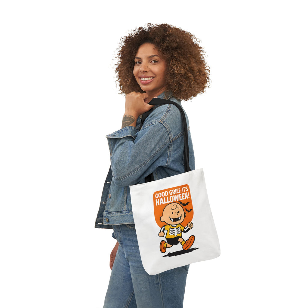White canvas tote with black handles, “Good Grief, It’s Halloween!” cartoon front print.