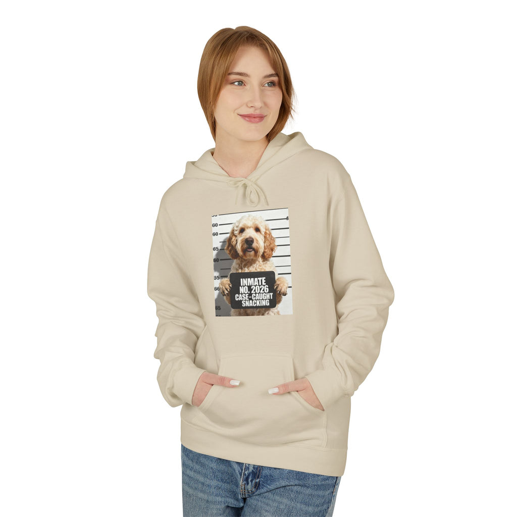 Light brown hoodie with front pocket and hood, centered dog graphic print