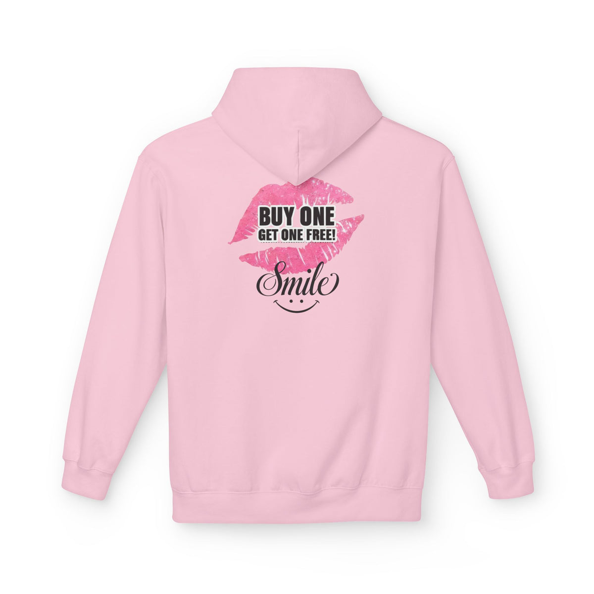 Light pink hoodie with pink 'Buy One Get One Free' Smile front graphic print