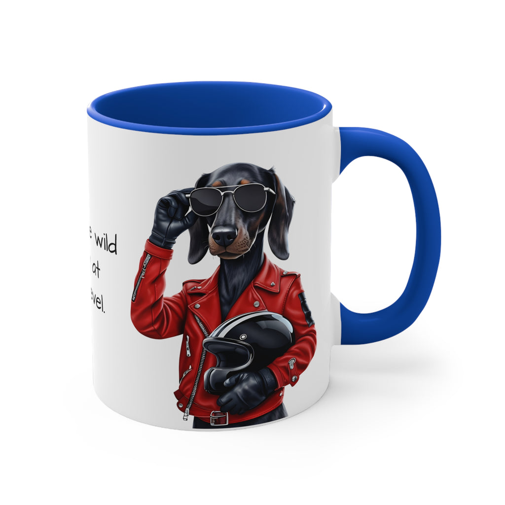Dachshund in Motorbike Outfit Accent Mug Born to be Wild at ground level Fun Dog Lover Gift