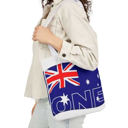 Canvas tote bag with blue Australia flag 'ONE' graphic and white top handles