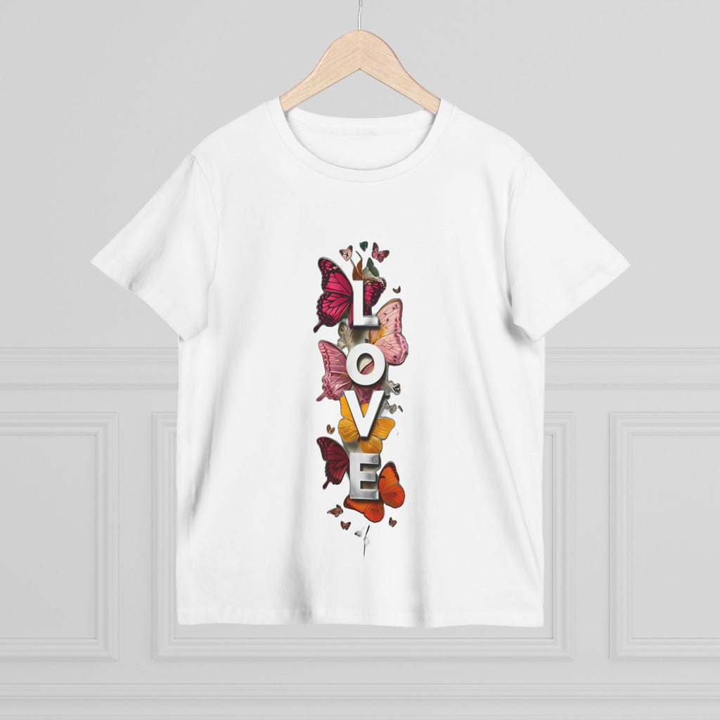 White women's graphic tee featuring centered LOVE letters with butterfly artwork.