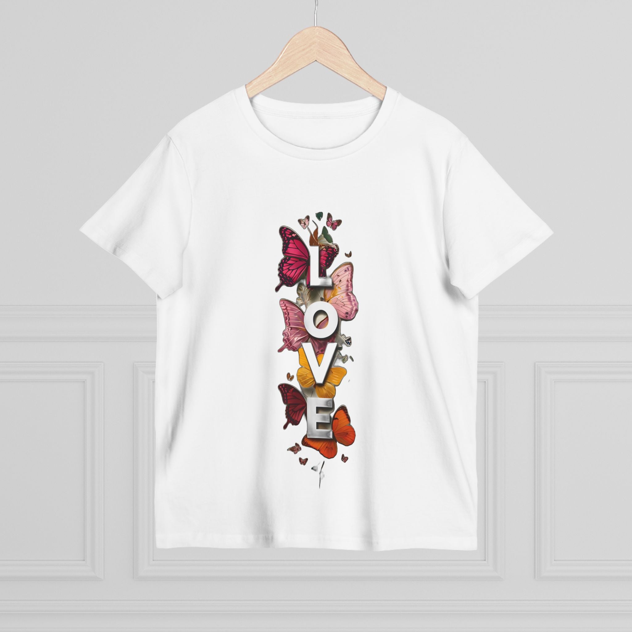 White women's graphic tee featuring centered LOVE letters with butterfly artwork.