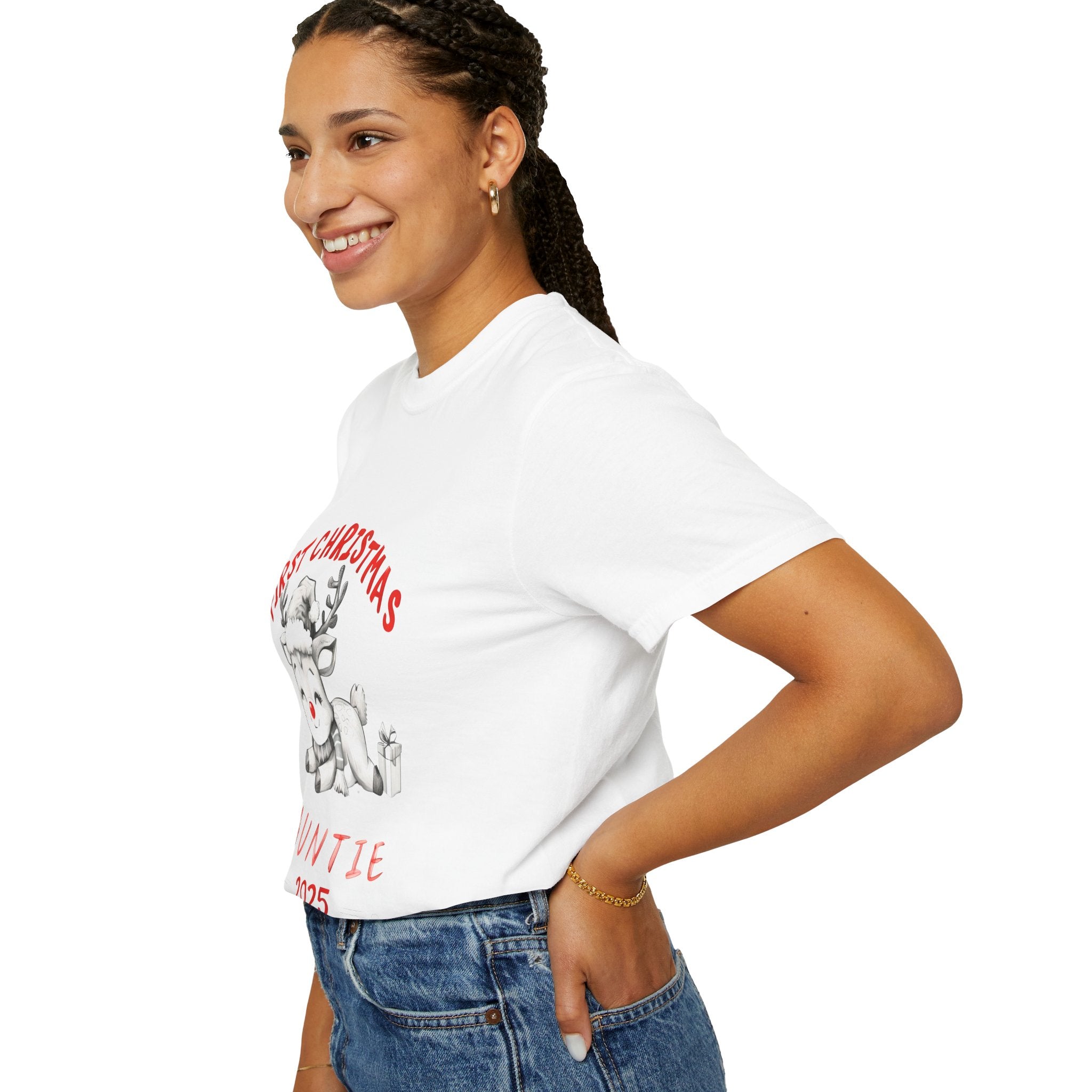White Christmas t-shirt with reindeer graphic and 'Auntie 2025' on front, side view