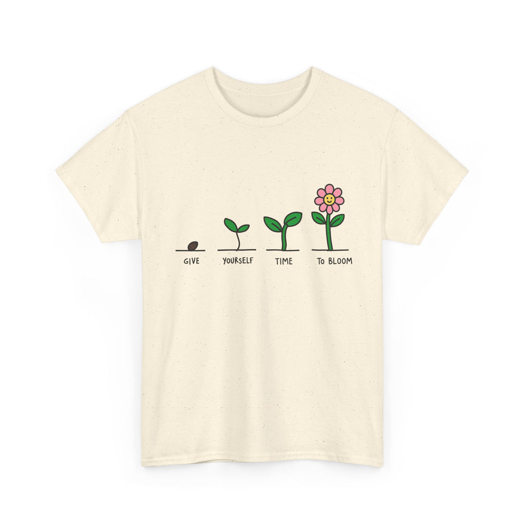 Cream T-shirt with flower growth graphic and “Give yourself time to bloom”