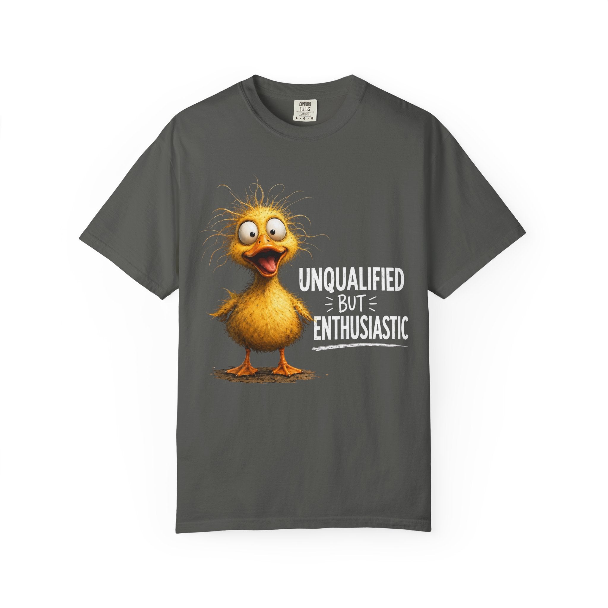 Dark gray duck graphic t-shirt with UNQUALIFIED BUT ENTHUSIASTIC text