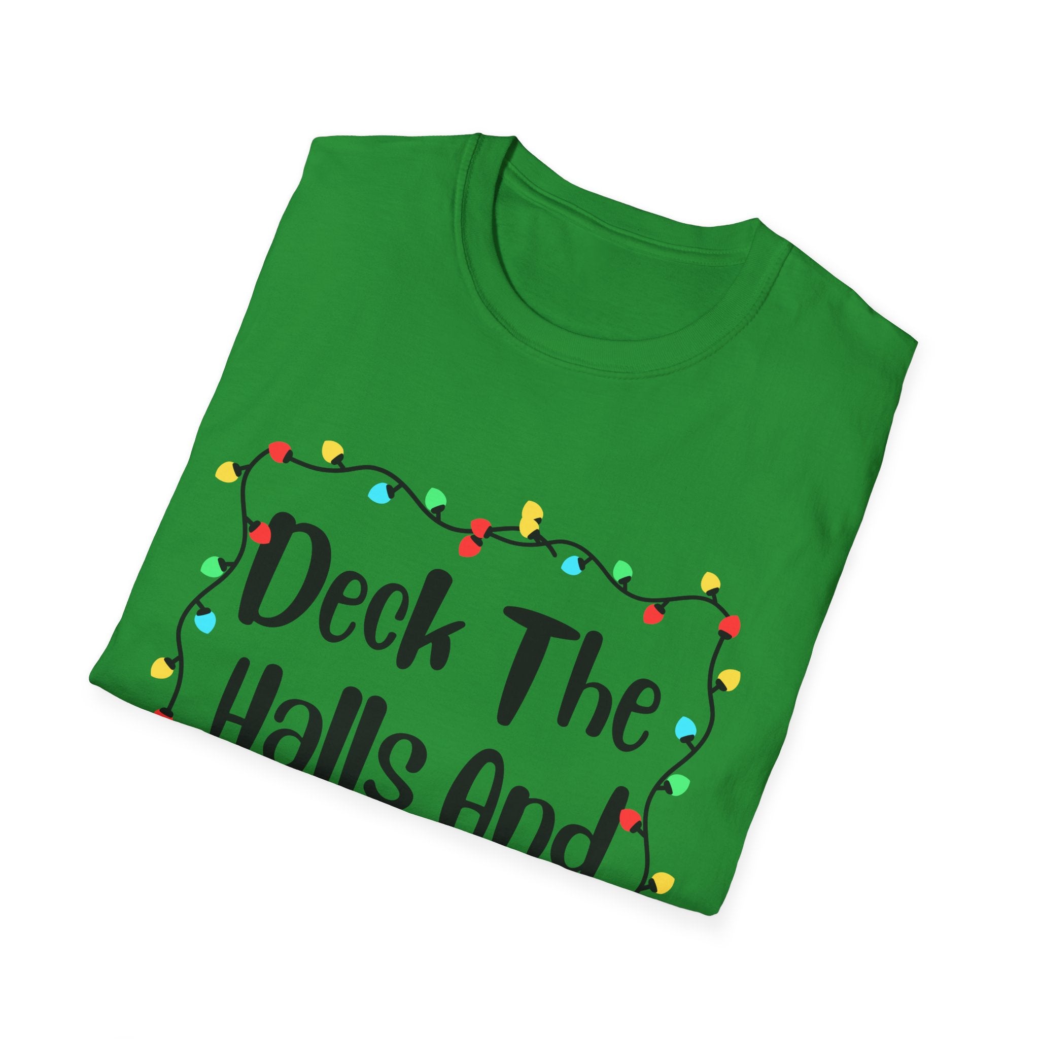 Green crew-neck T-shirt with festive lights graphic, folded