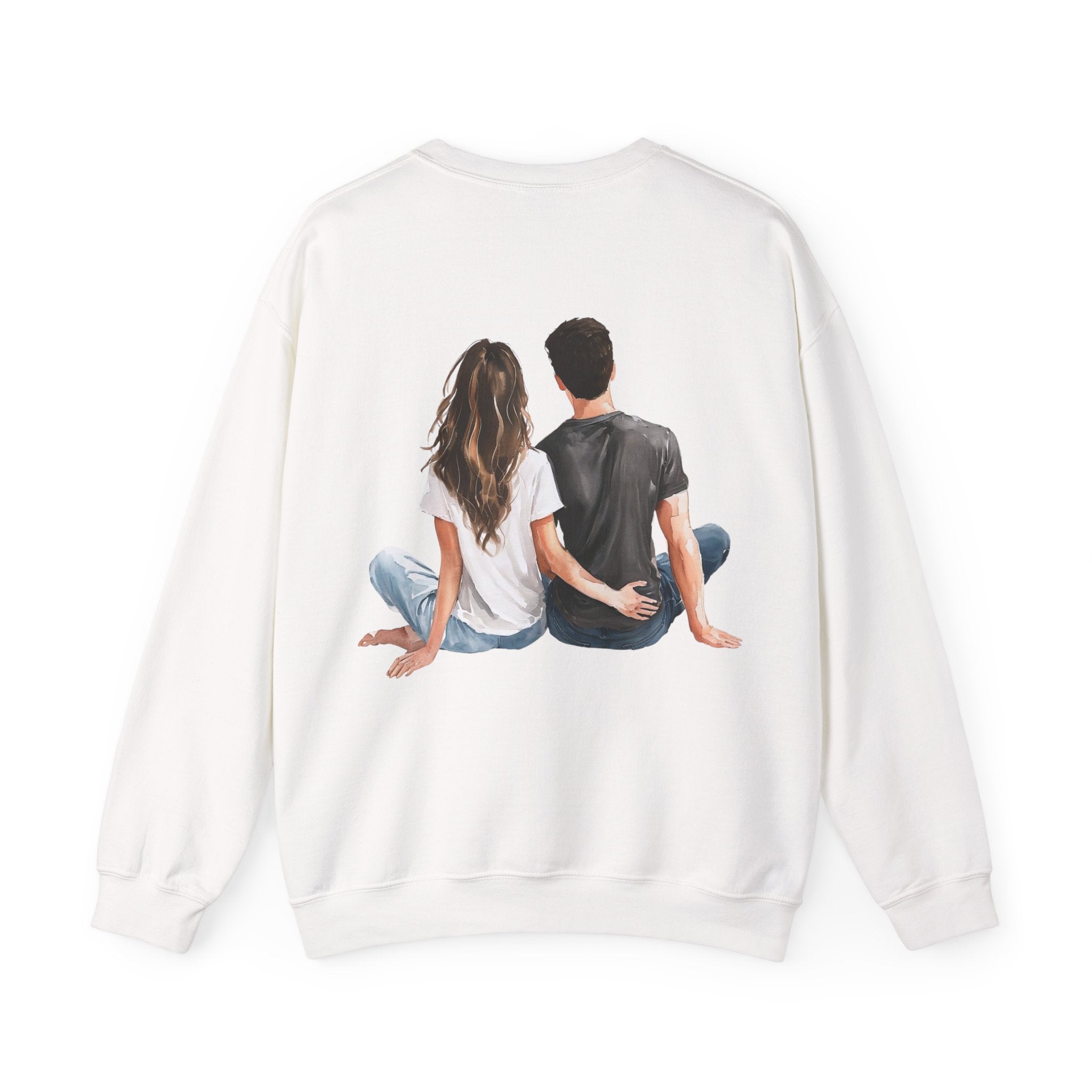 White crewneck sweatshirt, front view, couple graphic at center