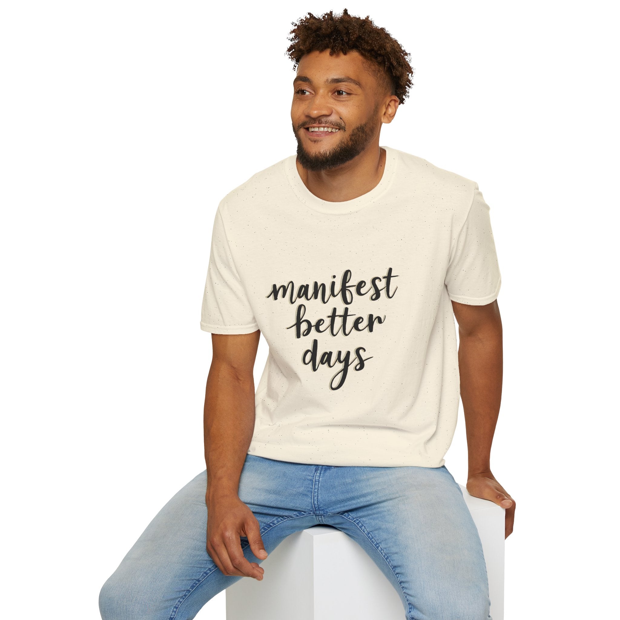 Natural unisex crew-neck T-shirt on model with "manifest better days" graphic