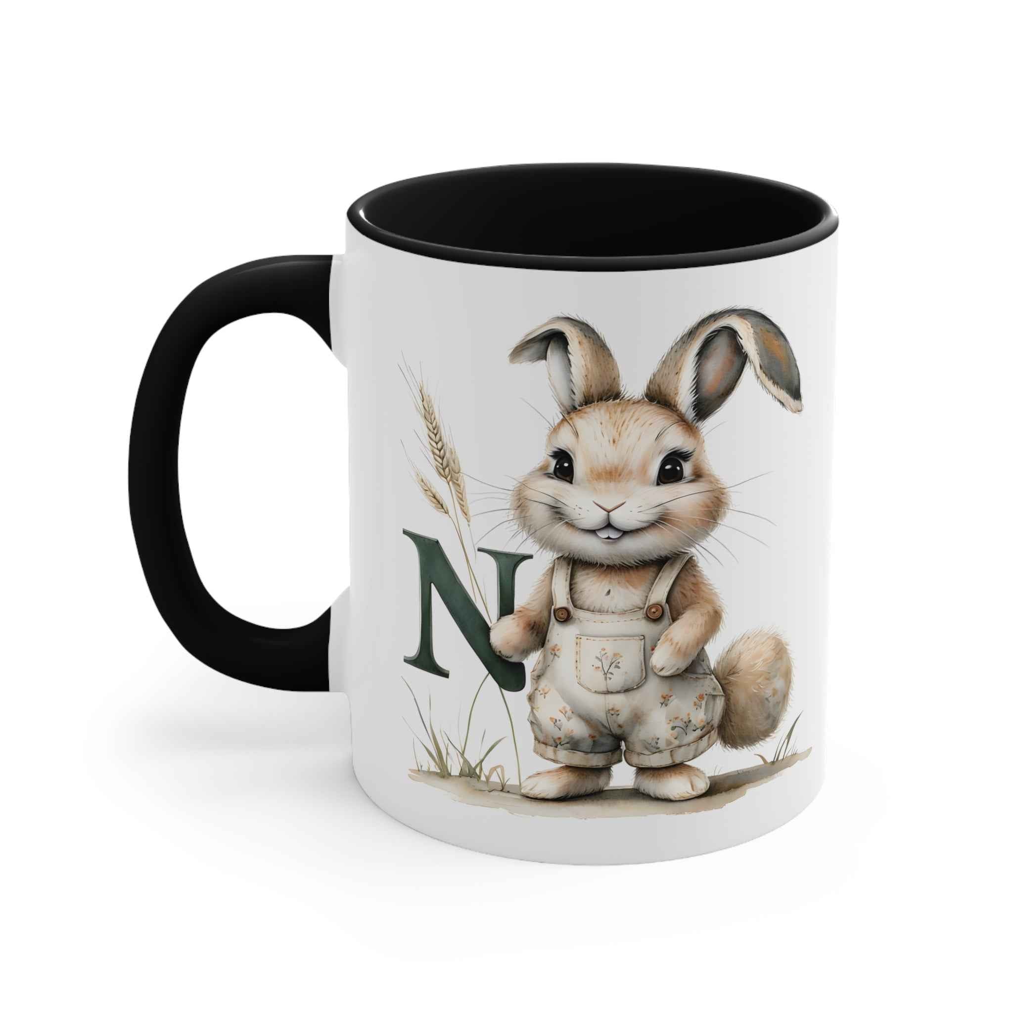 Whimsical Letter N Bunny Accent Mug | Cute Rabbit Coffee Cup for Easter, Spring Decor, Gift for Kids, Animal Lover, Unique Ceramic Mug
