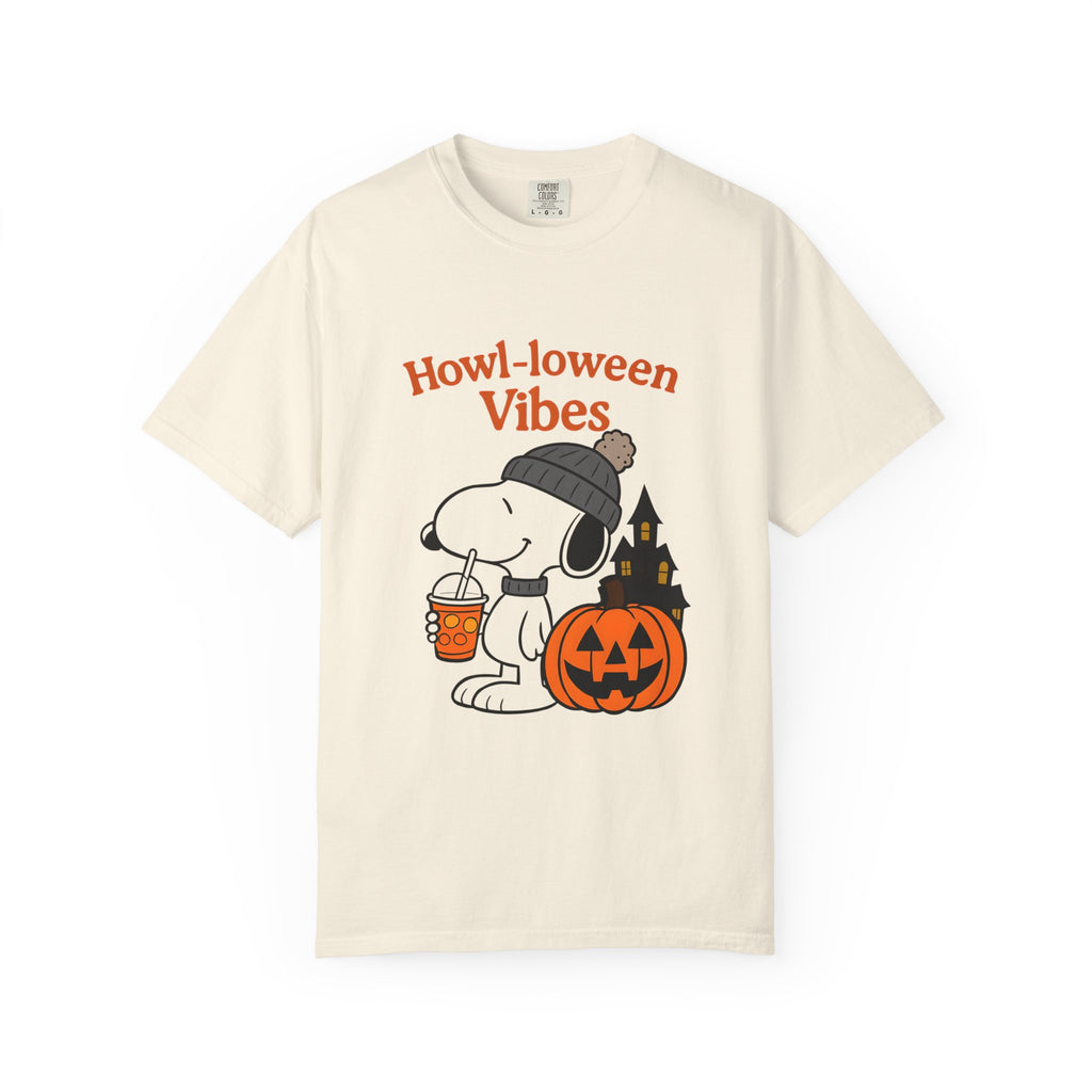 Ivory dog Halloween graphic t-shirt, front view with “Howl-oween Vibes” print
