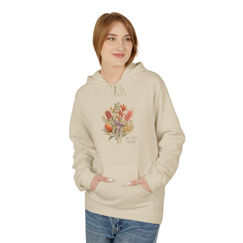 Sand hoodie with front floral bouquet graphic, drawstring hood, kangaroo pocket
