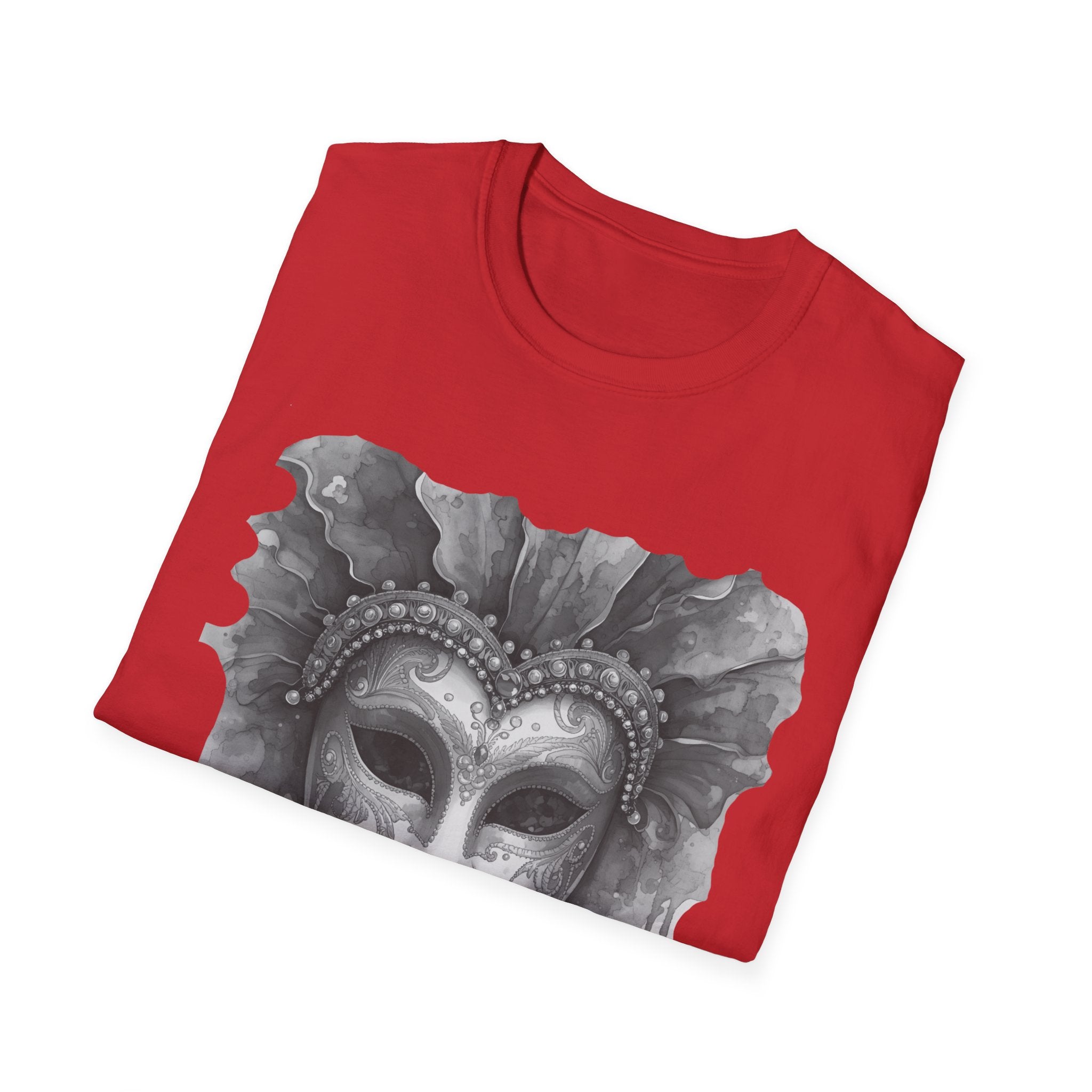 Red face mask graphic T-shirt, crew neck short sleeves, laid flat