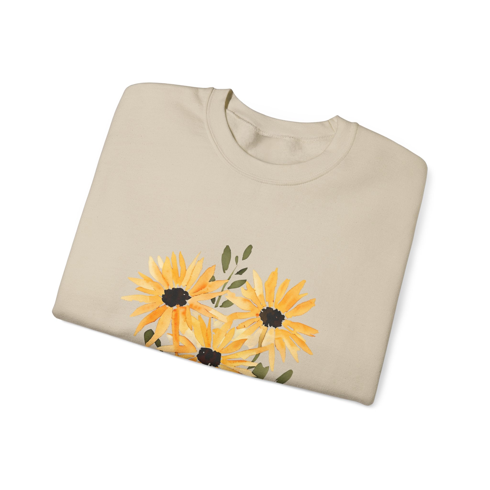 Beige crewneck sweatshirt with watercolor sunflower bouquet graphic on the front