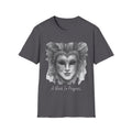 Dark gray face T-shirt with grayscale masquerade mask graphic and "A Work In Progress..."