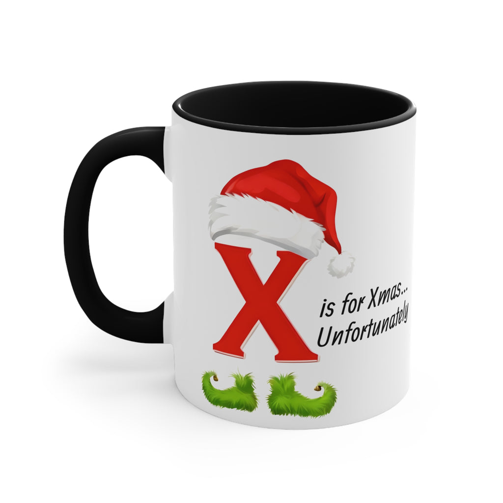 Christmas letter X mug, white with black inside; front shows red X, Santa hat, and green moustache.