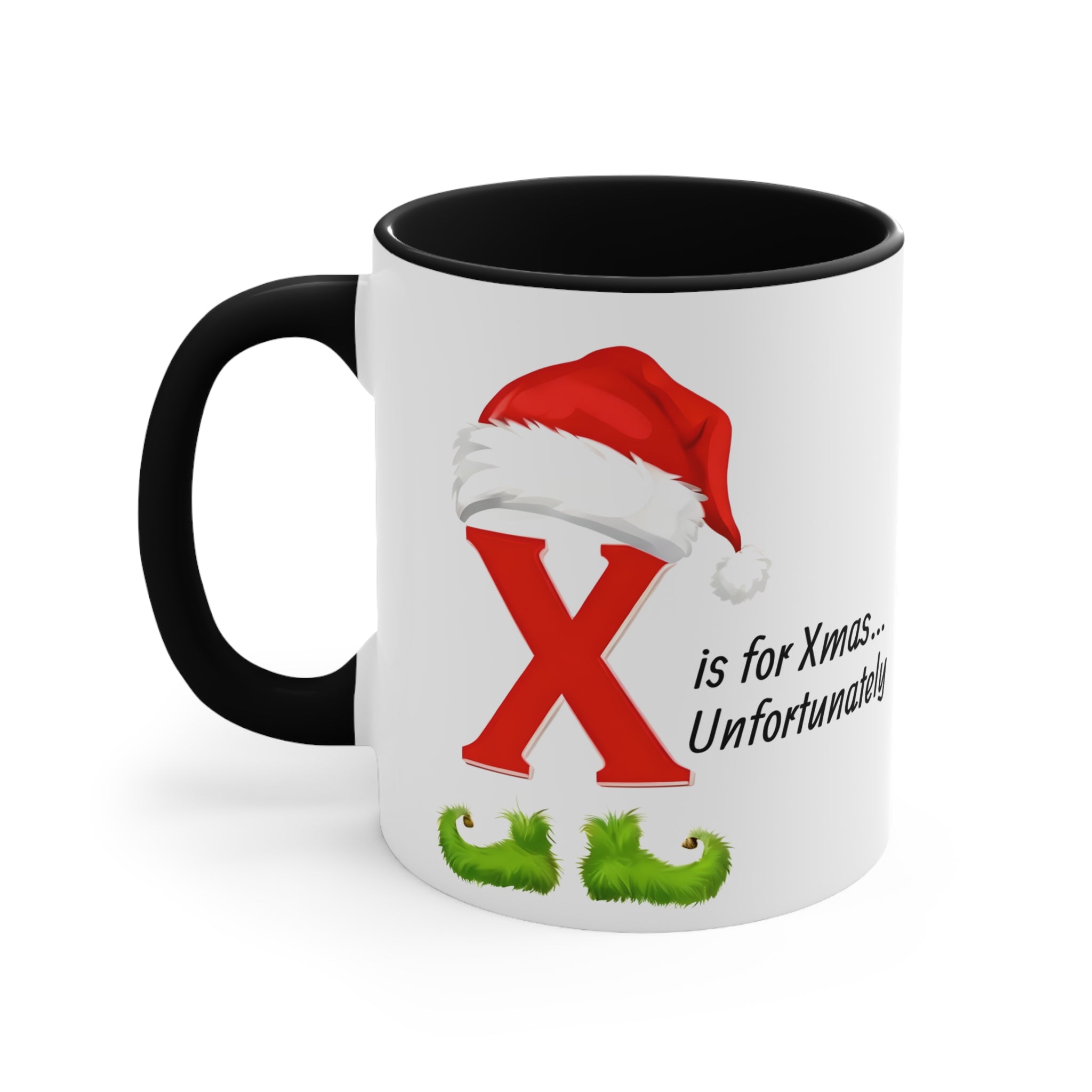 Christmas letter X mug, white with black inside; front shows red X, Santa hat, and green moustache.