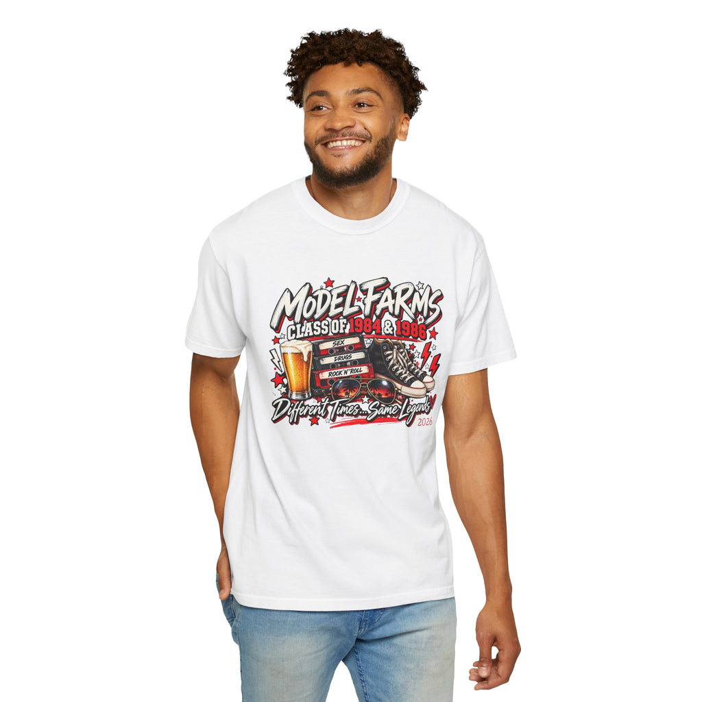 White crewneck T-shirt with front retro “Model Farms” class graphic logo print on model