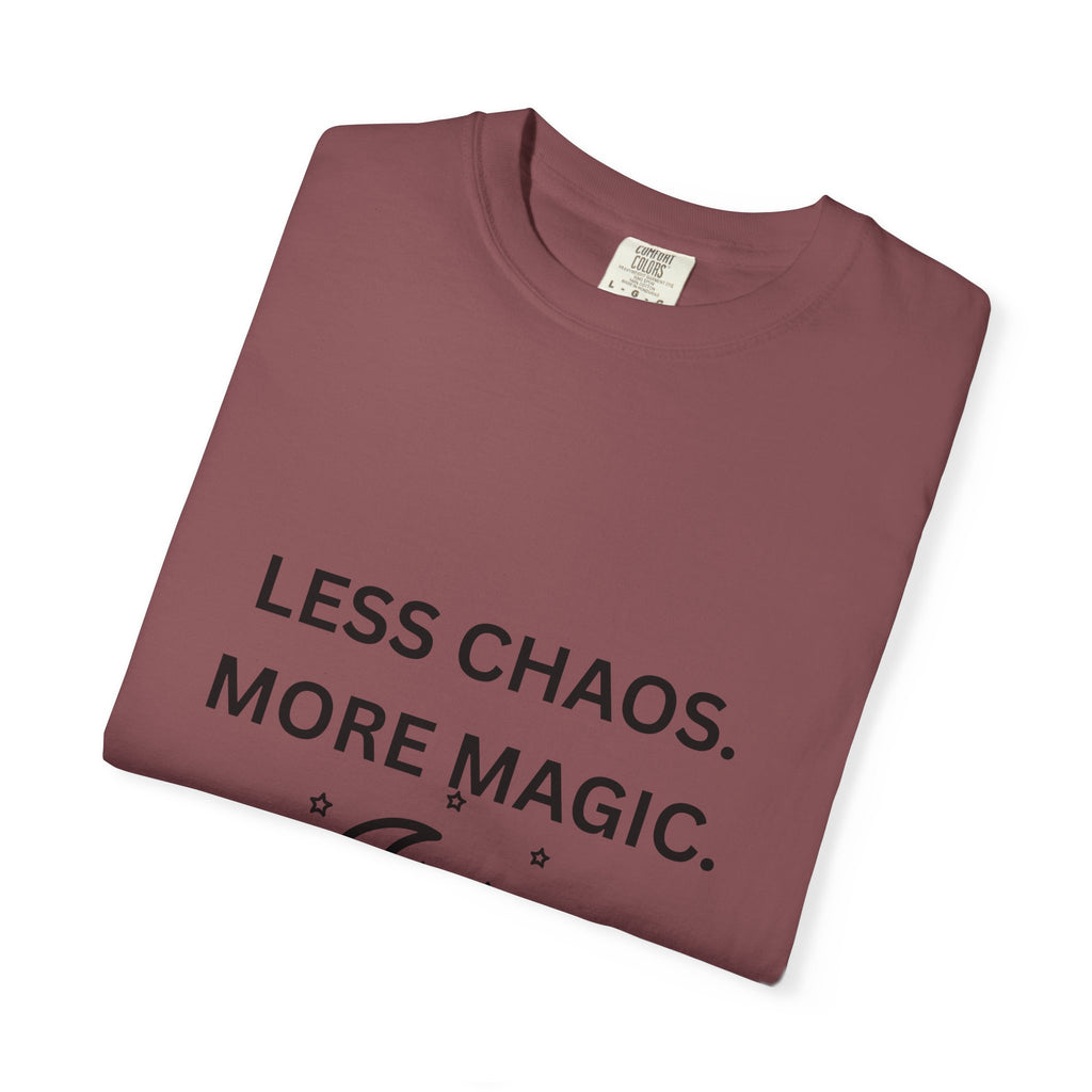 Less Chaos, More Magic T-Shirt — Crescent Moon + Stars Graphic Tee
