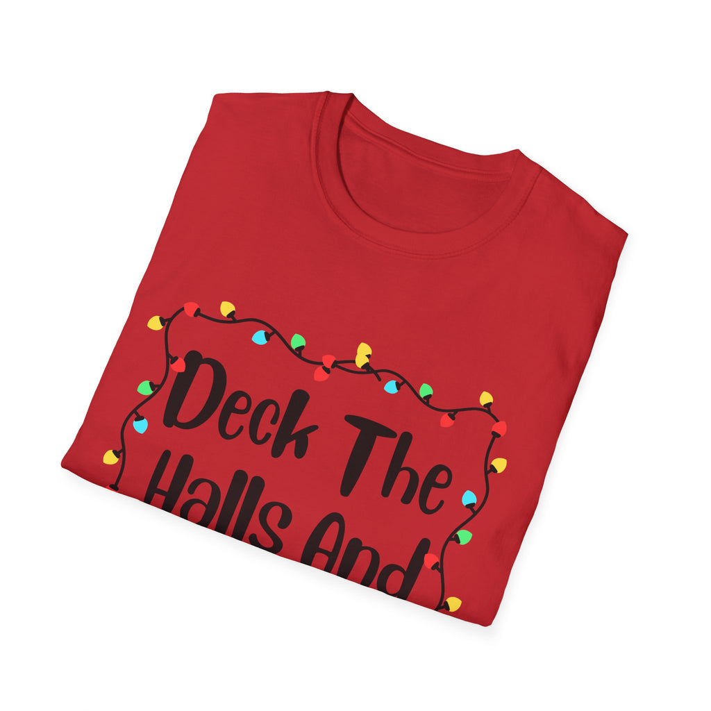 Red holiday T-shirt with 'Deck The Halls And Not Your Sibling' text and string lights