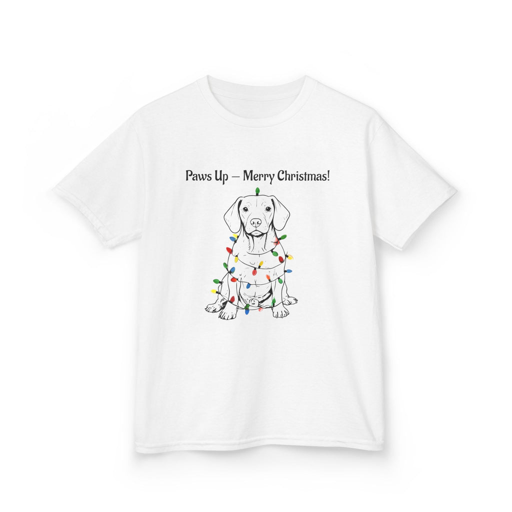 Kids white tee with puppy wearing holiday lights and 'Paws Up — Merry Christmas!'