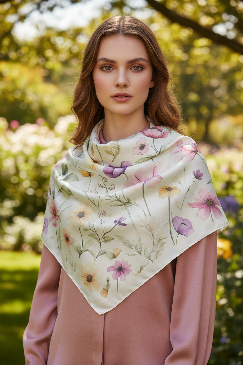 Pastel Delicate Floral Silk-Look Scarf — Soft Garden Print