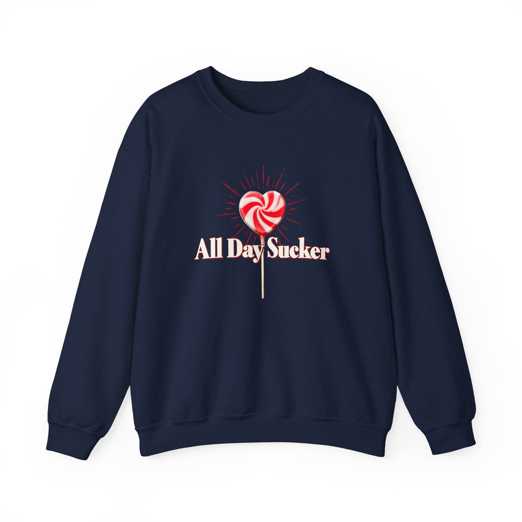 Navy graphic lollipop heart sweatshirt with red and white candy design