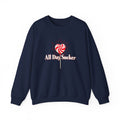 Navy graphic lollipop heart sweatshirt with red and white candy design