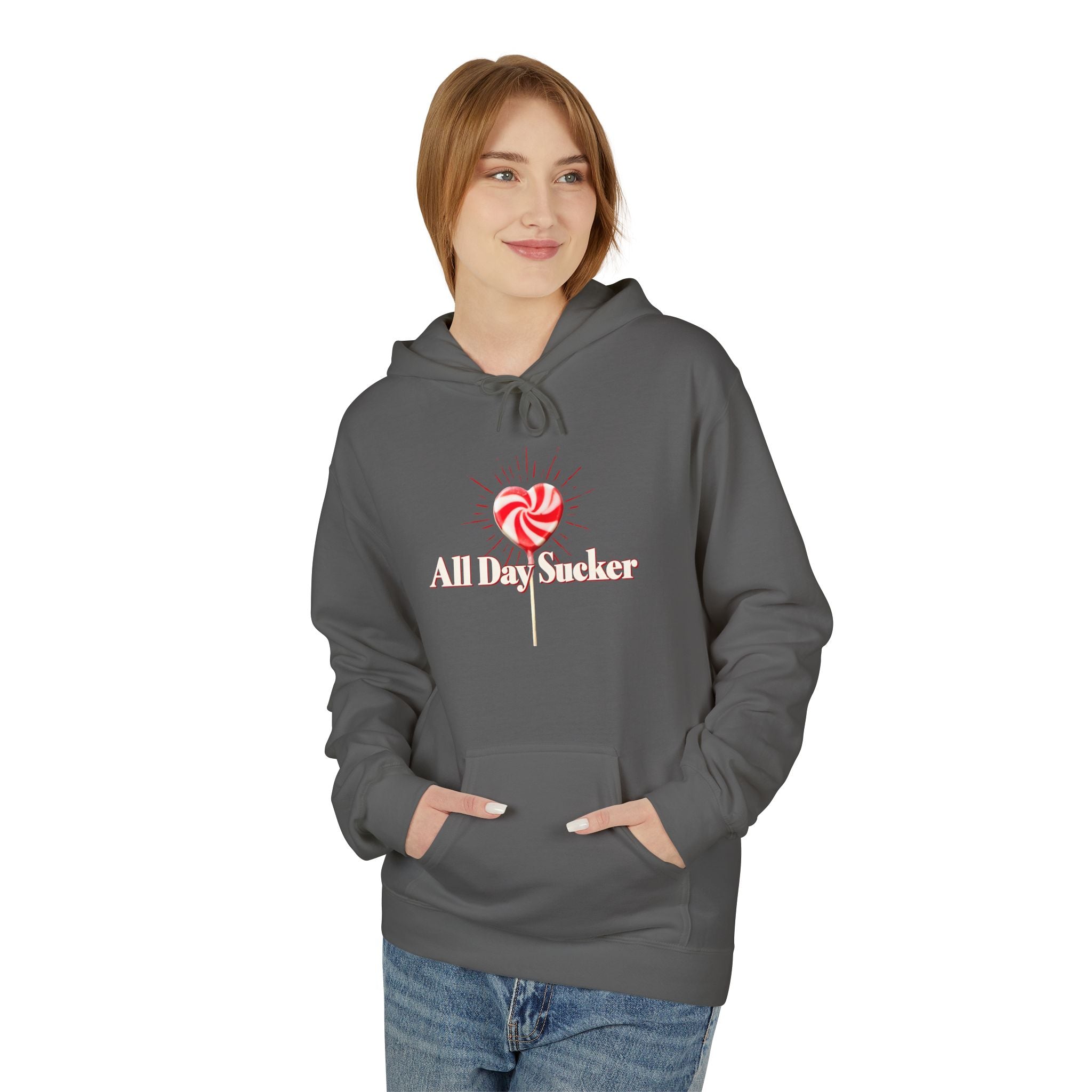 Charcoal gray unisex hoodie on model, with drawstring hood, kangaroo pocket, and lollipop graphic